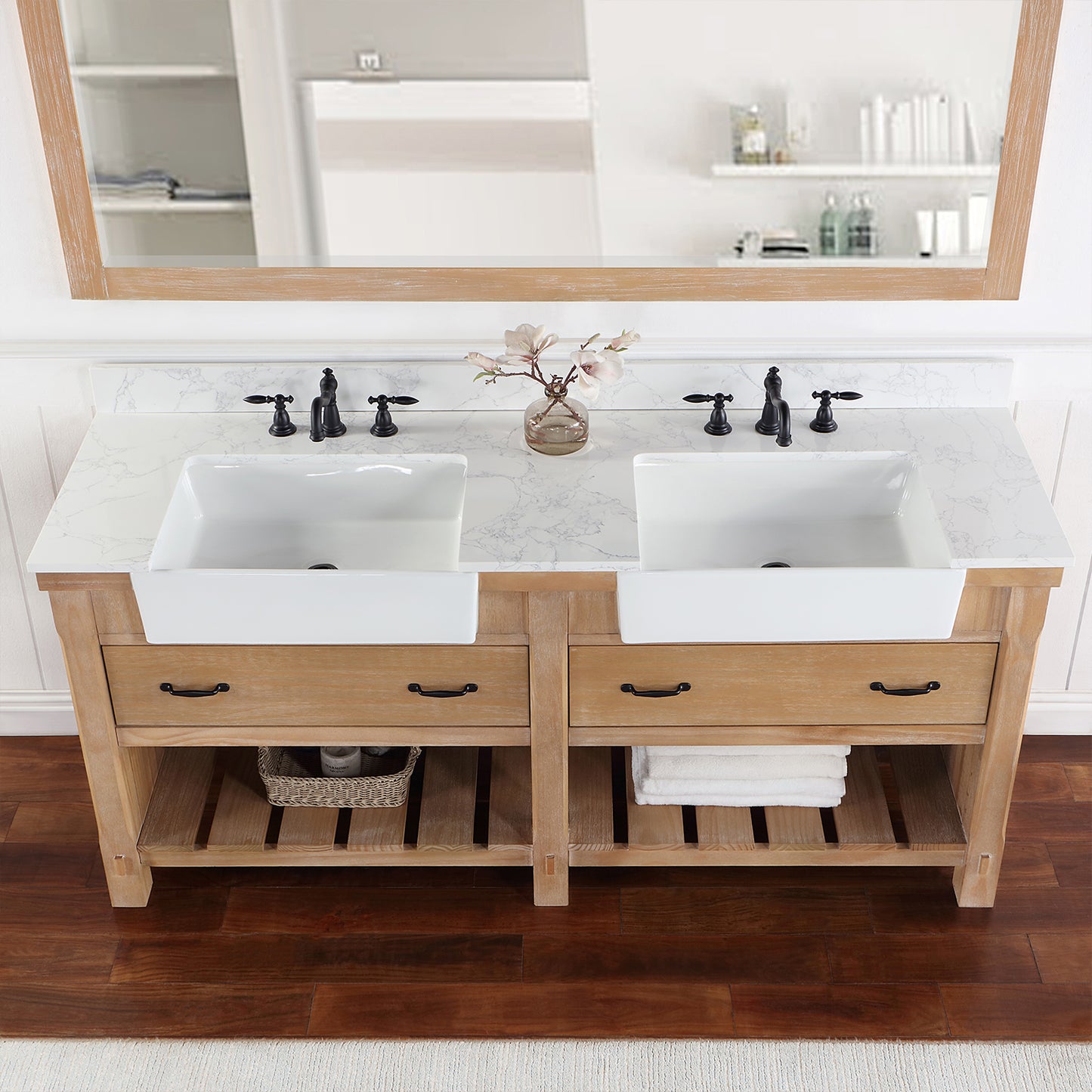 Vinnova, Villareal 72" Double Bath Vanity in Weathered Pine with Composite Stone Top in White, White Farmhouse Basin and Mirror