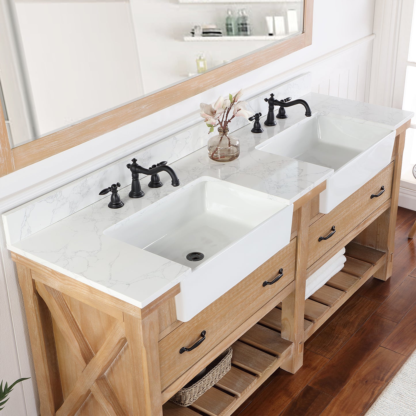 Vinnova, Villareal 72" Double Bath Vanity in Weathered Pine with Composite Stone Top in White, White Farmhouse Basin and Mirror
