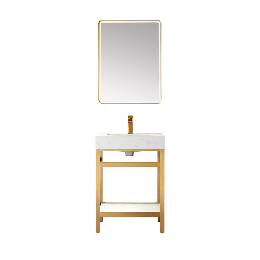 Vinnova, Funes 24" Single Sink Bath Vanity in Brushed Gold Metal Support with White Sintered Stone Top and Mirror