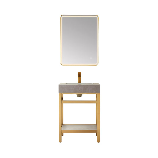 Vinnova, Funes 24" Single Sink Bath Vanity in Brushed Gold Metal Support with Grey Sintered Stone Top and Mirror