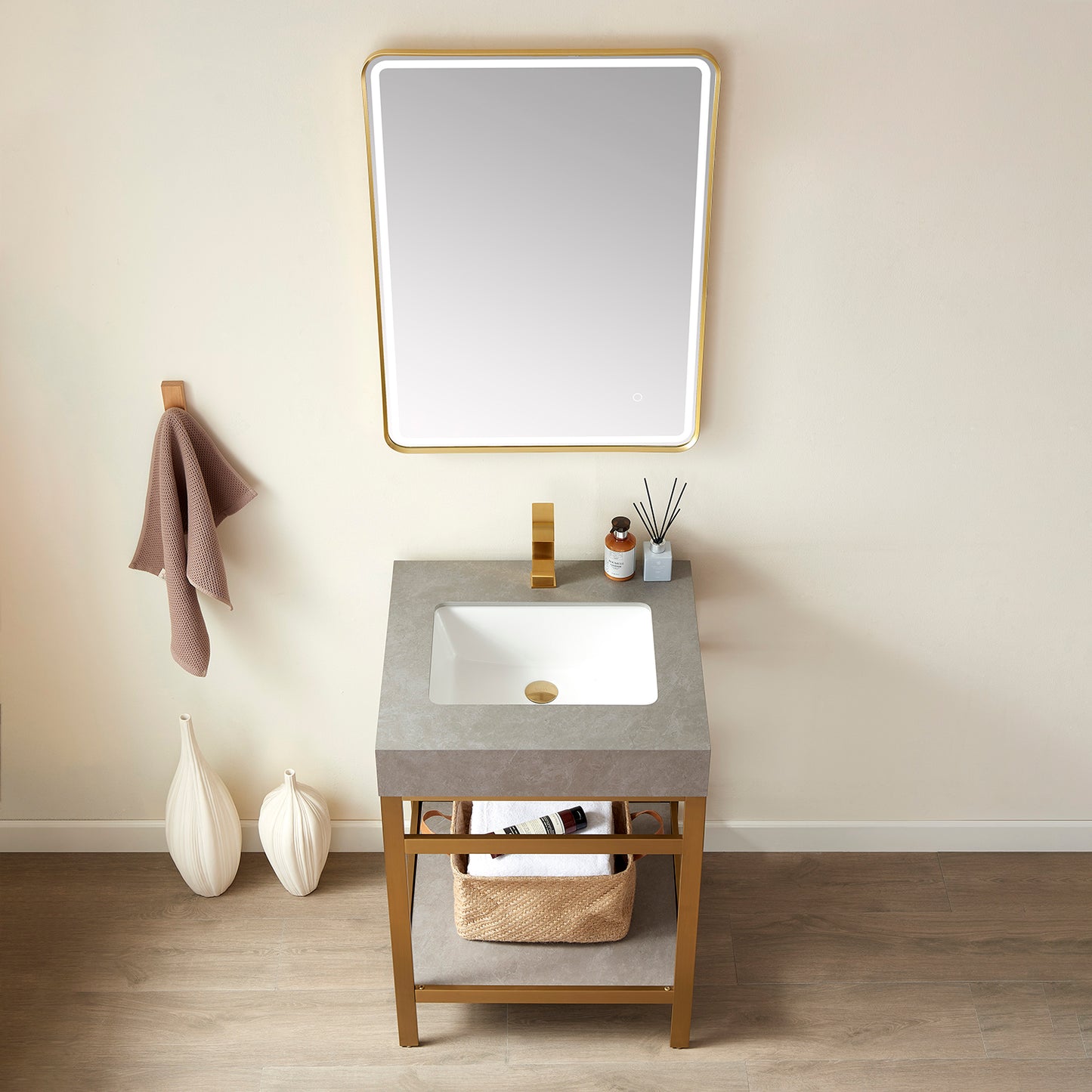 Vinnova, Funes 24" Single Sink Bath Vanity in Brushed Gold Metal Support with Grey Sintered Stone Top and Mirror