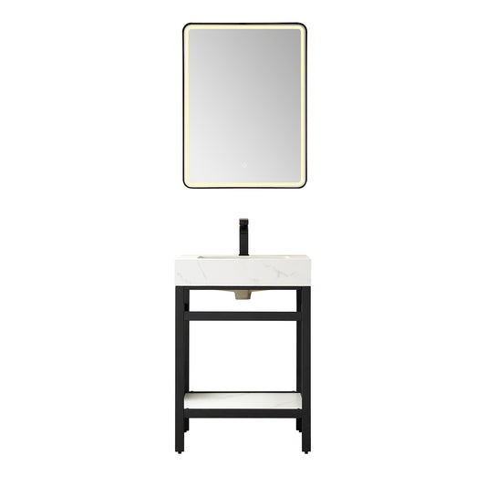 Vinnova, Funes 24" Single Sink Bath Vanity in Matt Black Metal Support with White Sintered Stone Top and Mirror