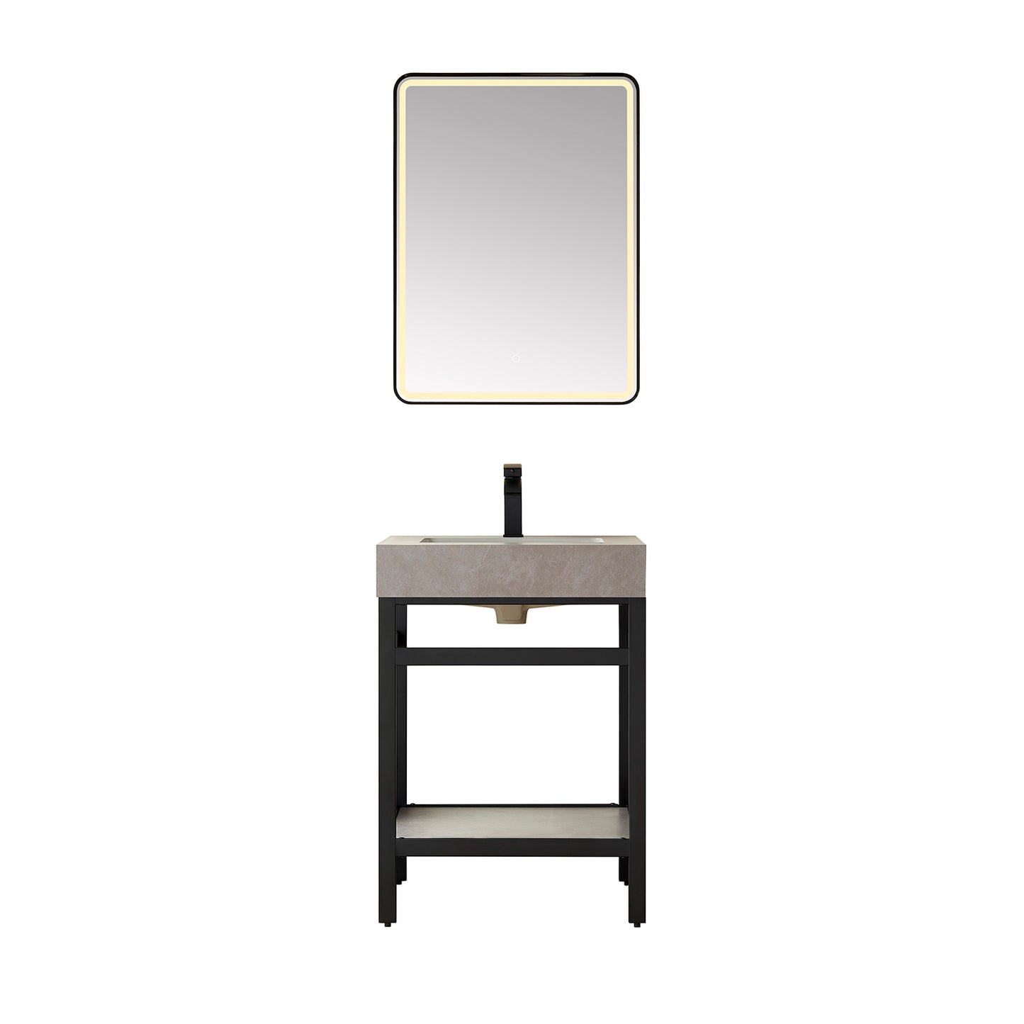 Vinnova, Funes 24" Single Sink Bath Vanity in Matt Black Metal Support with Grey Sintered Stone Top and Mirror