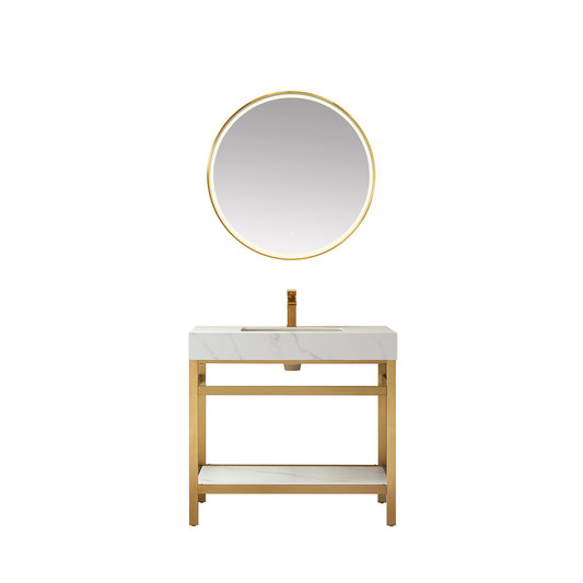 Vinnova, Funes 36" Single Sink Bath Vanity in Brushed Gold Metal Support with White Sintered Stone Top and Mirror