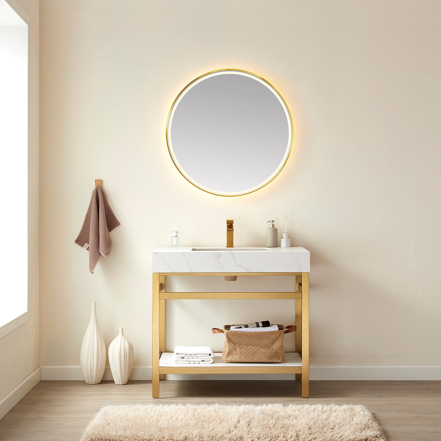 Vinnova, Funes 36" Single Sink Bath Vanity in Brushed Gold Metal Support with White Sintered Stone Top and Mirror