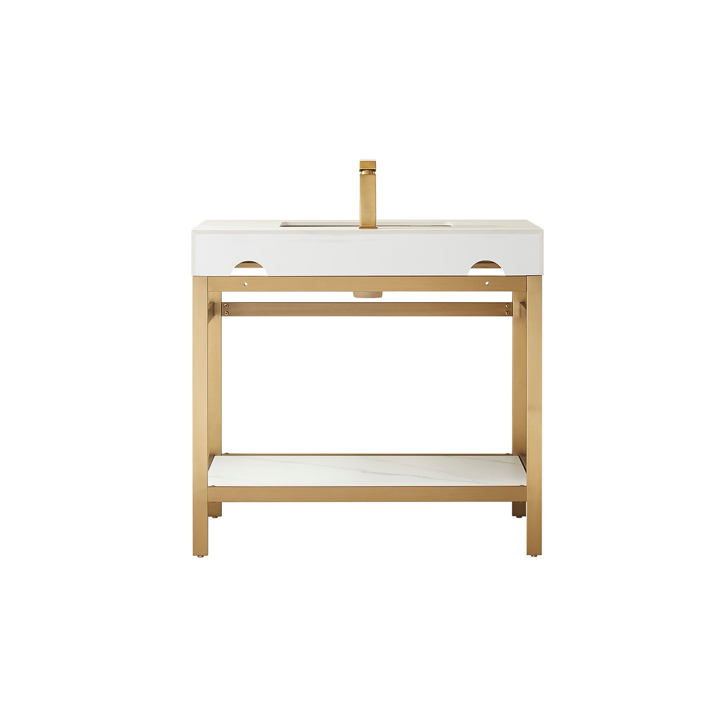 Vinnova, Funes 36" Single Sink Bath Vanity in Brushed Gold Metal Support with White Sintered Stone Top and Mirror