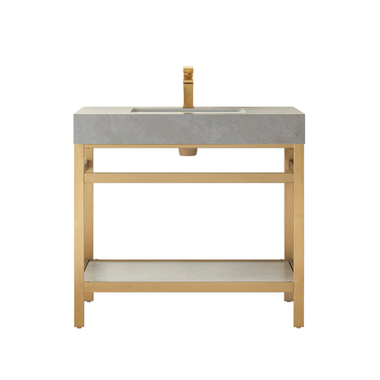 Vinnova, Funes 36" Single Sink Bath Vanity in Brushed Gold Metal Support with Grey Sintered Stone Top
