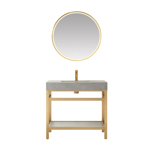 Vinnova, Funes 36" Single Sink Bath Vanity in Brushed Gold Metal Support with Grey Sintered Stone Top and Mirror