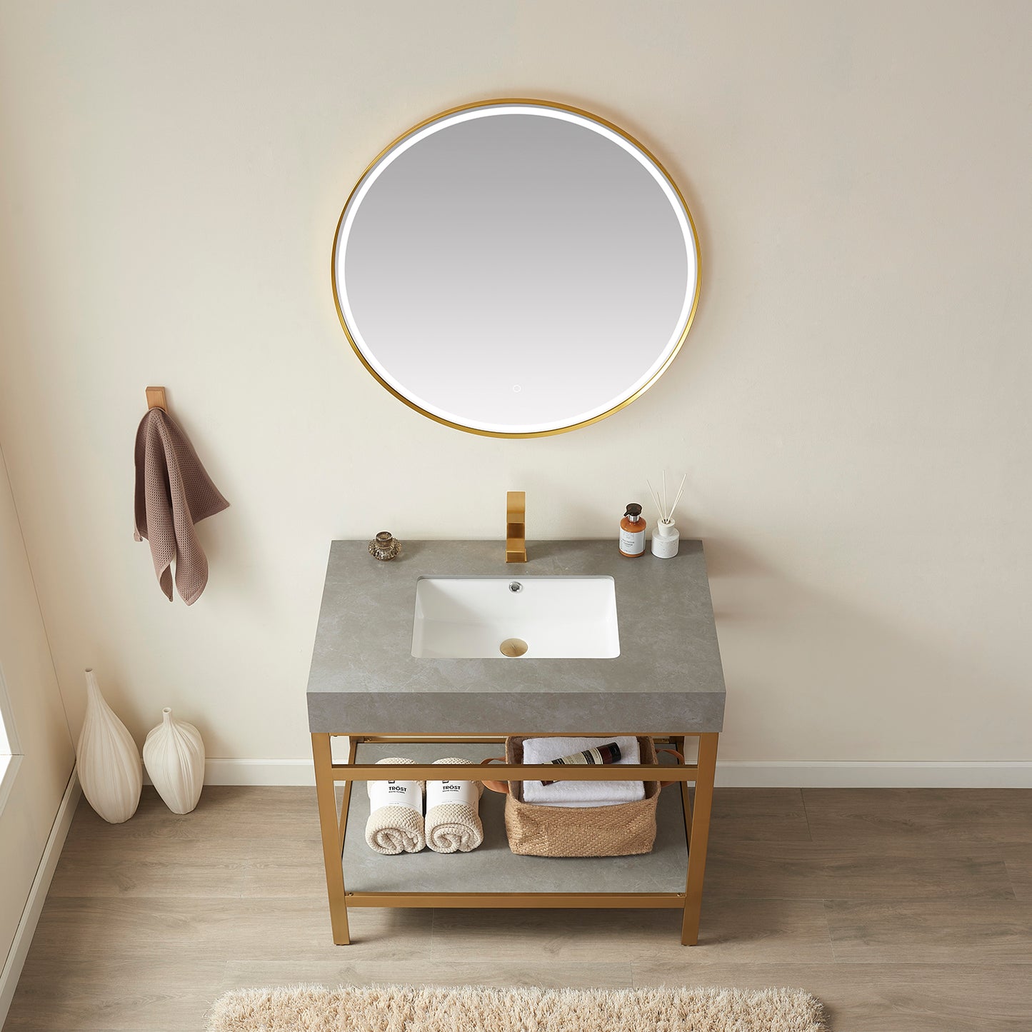 Vinnova, Funes 36" Single Sink Bath Vanity in Brushed Gold Metal Support with Grey Sintered Stone Top and Mirror
