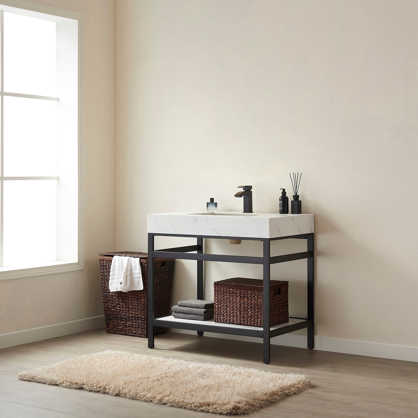 Vinnova, Funes 36" Single Sink Bath Vanity in Matt Black Metal Support with White Sintered Stone Top