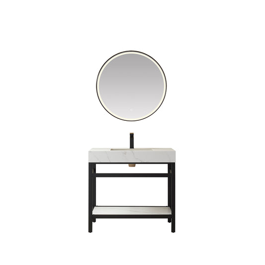 Vinnova, Funes 36" Single Sink Bath Vanity in Matt Black Metal Support with White Sintered Stone Top and Mirror