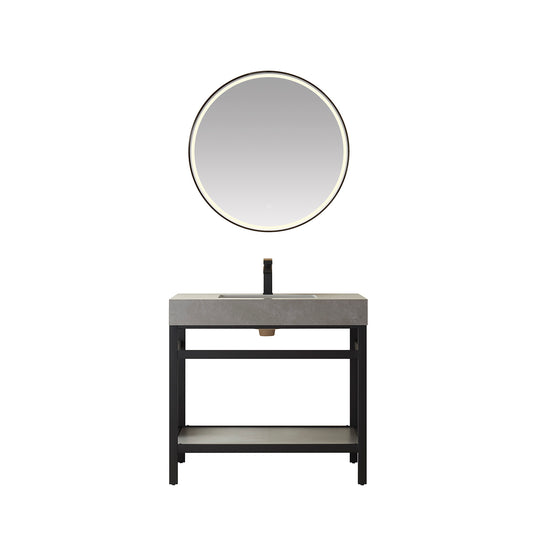 Vinnova, Funes 36" Single Sink Bath Vanity in Matt Black Metal Support with Grey Sintered Stone Top and Mirror