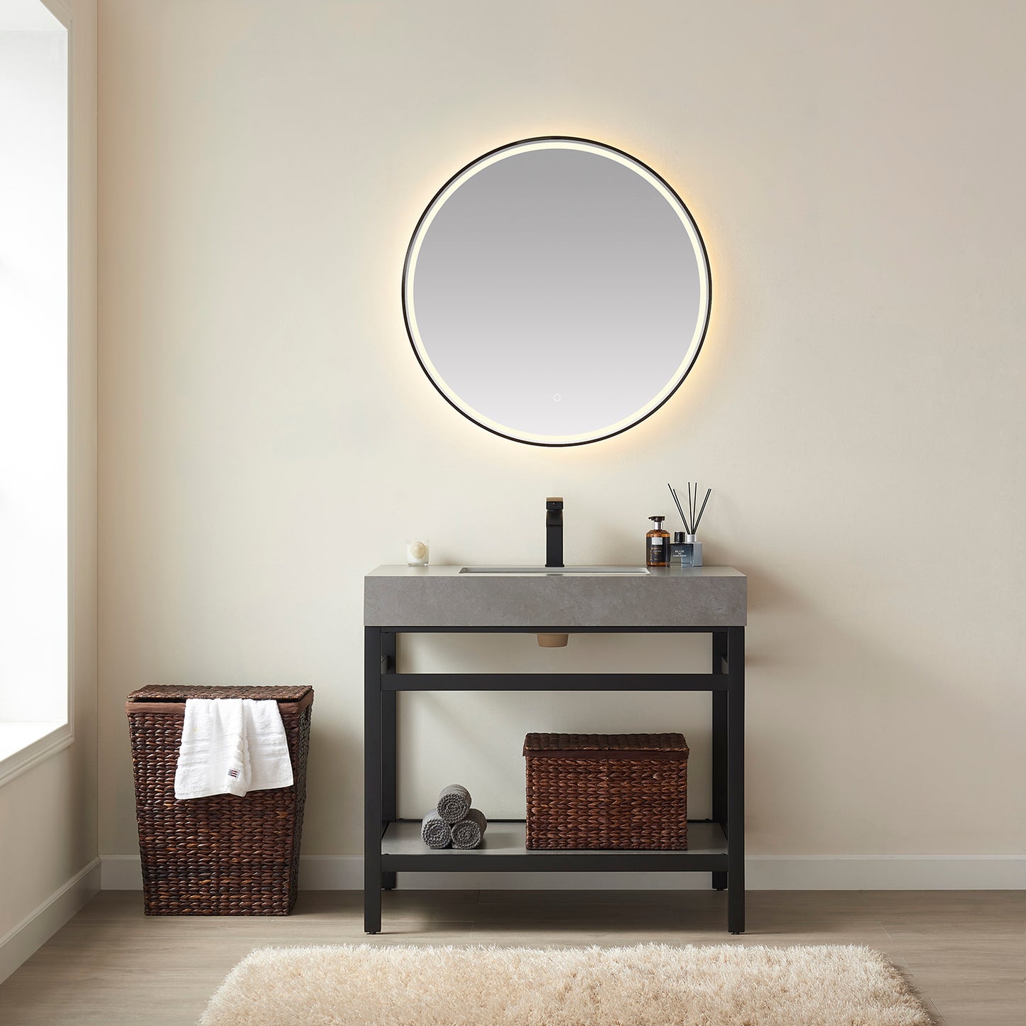 Vinnova, Funes 36" Single Sink Bath Vanity in Matt Black Metal Support with Grey Sintered Stone Top and Mirror