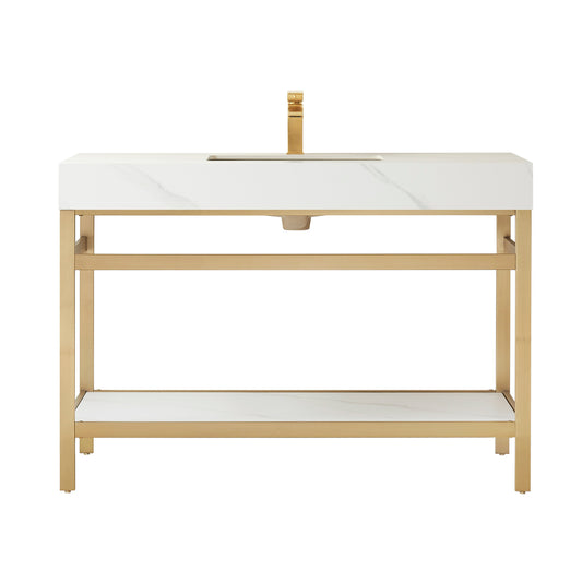 Vinnova, Funes 48" Single Sink Bath Vanity in Brushed Gold Metal Support with White Sintered Stone Top