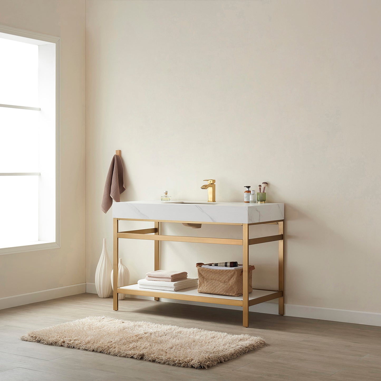 Vinnova, Funes 48" Single Sink Bath Vanity in Brushed Gold Metal Support with White Sintered Stone Top