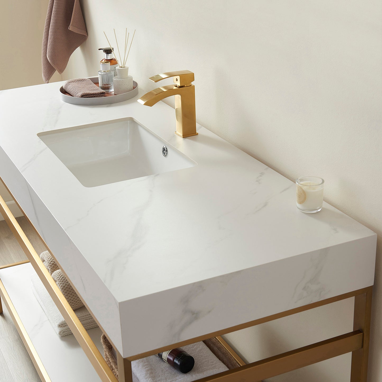 Vinnova, Funes 48" Single Sink Bath Vanity in Brushed Gold Metal Support with White Sintered Stone Top