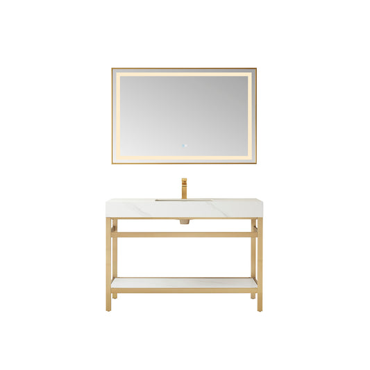 Vinnova, Funes 48" Single Sink Bath Vanity in Brushed Gold Metal Support with White Sintered Stone Top and Mirror