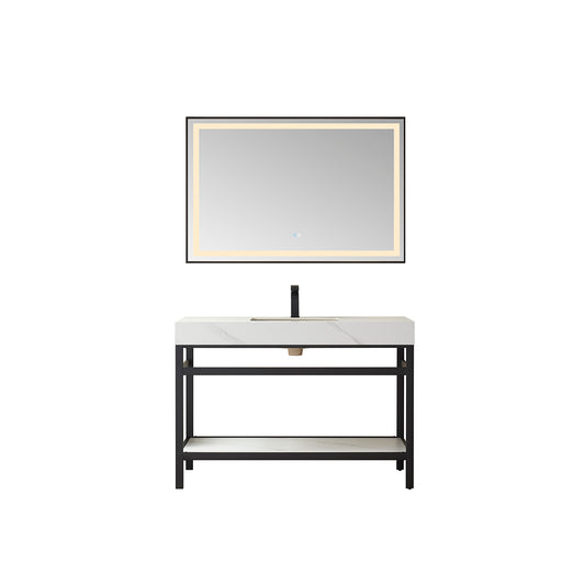 Vinnova, Funes 48" Single Sink Bath Vanity in Matt Black Metal Support with White Sintered Stone Top and Mirror