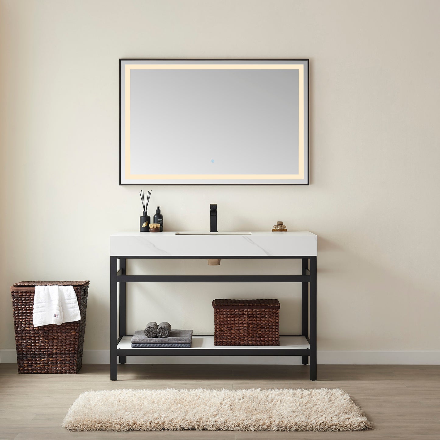 Vinnova, Funes 48" Single Sink Bath Vanity in Matt Black Metal Support with White Sintered Stone Top and Mirror