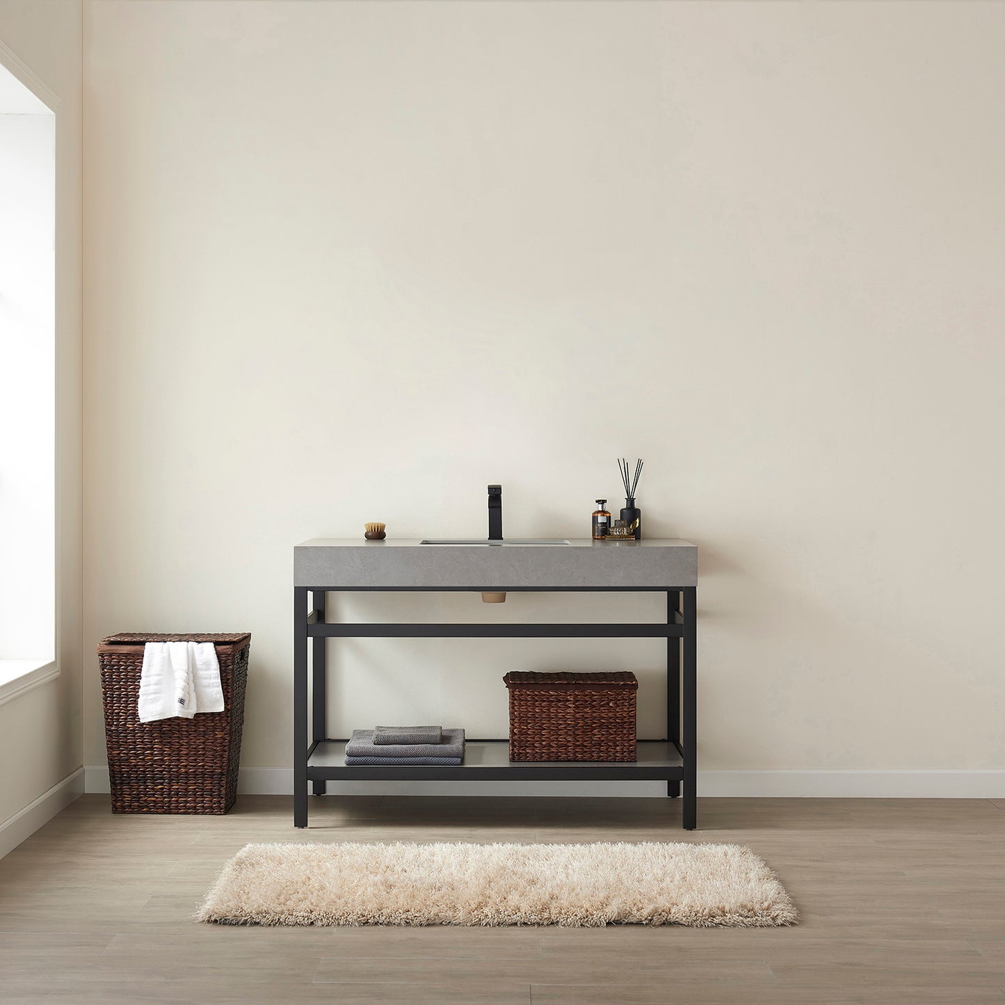 Vinnova, Funes 48" Single Sink Bath Vanity in Matt Black Metal Support with Grey Sintered Stone Top