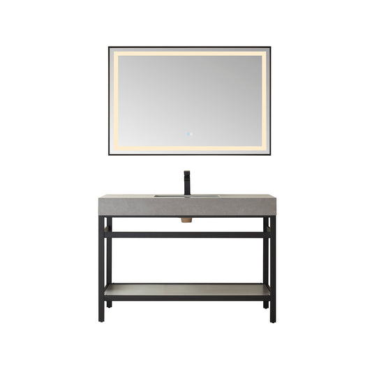 Vinnova, Funes 48" Single Sink Bath Vanity in Matt Black Metal Support with Grey Sintered Stone Top and Mirror