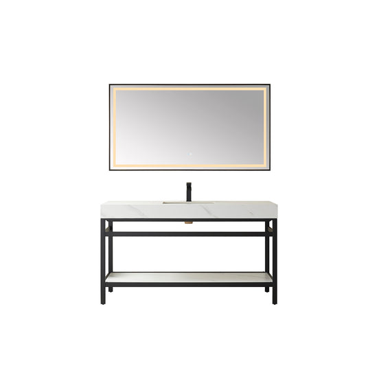 Vinnova, Funes 60" Single Sink Bath Vanity in Matt Black Metal Support with White Sintered Stone Top and Mirror