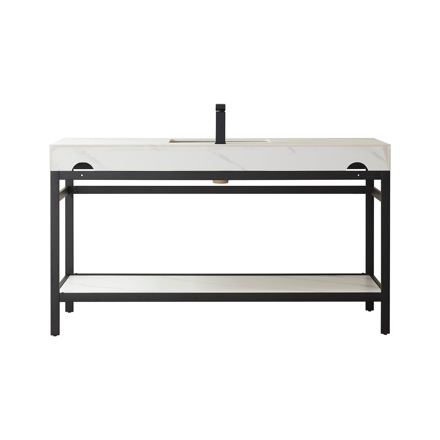 Vinnova, Funes 60" Single Sink Bath Vanity in Matt Black Metal Support with White Sintered Stone Top and Mirror
