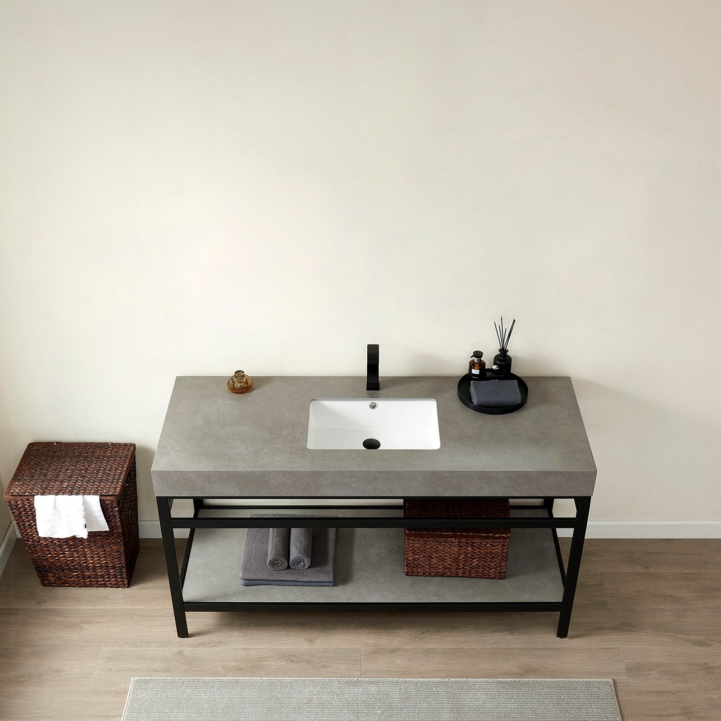 Vinnova, Funes 60" Single Sink Bath Vanity in Matt Black Metal Support with Grey Sintered Stone Top