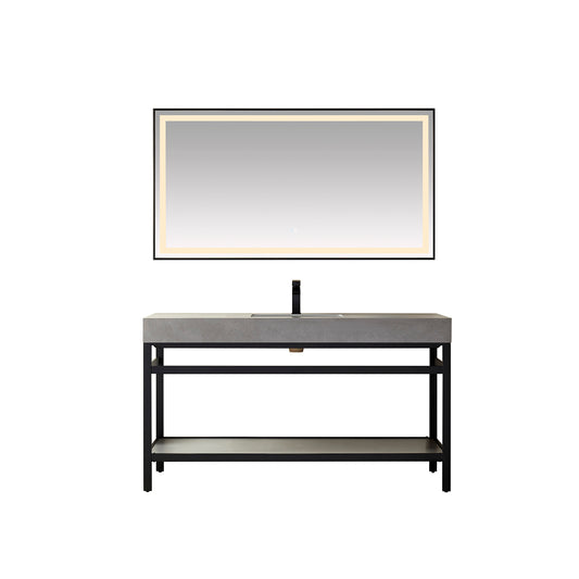 Vinnova, Funes 60" Single Sink Bath Vanity in Matt Black Metal Support with Grey Sintered Stone Top and Mirror
