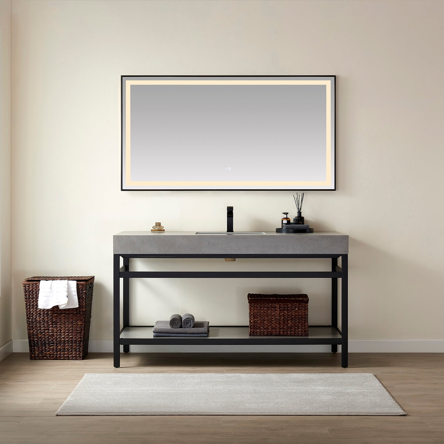 Vinnova, Funes 60" Single Sink Bath Vanity in Matt Black Metal Support with Grey Sintered Stone Top and Mirror