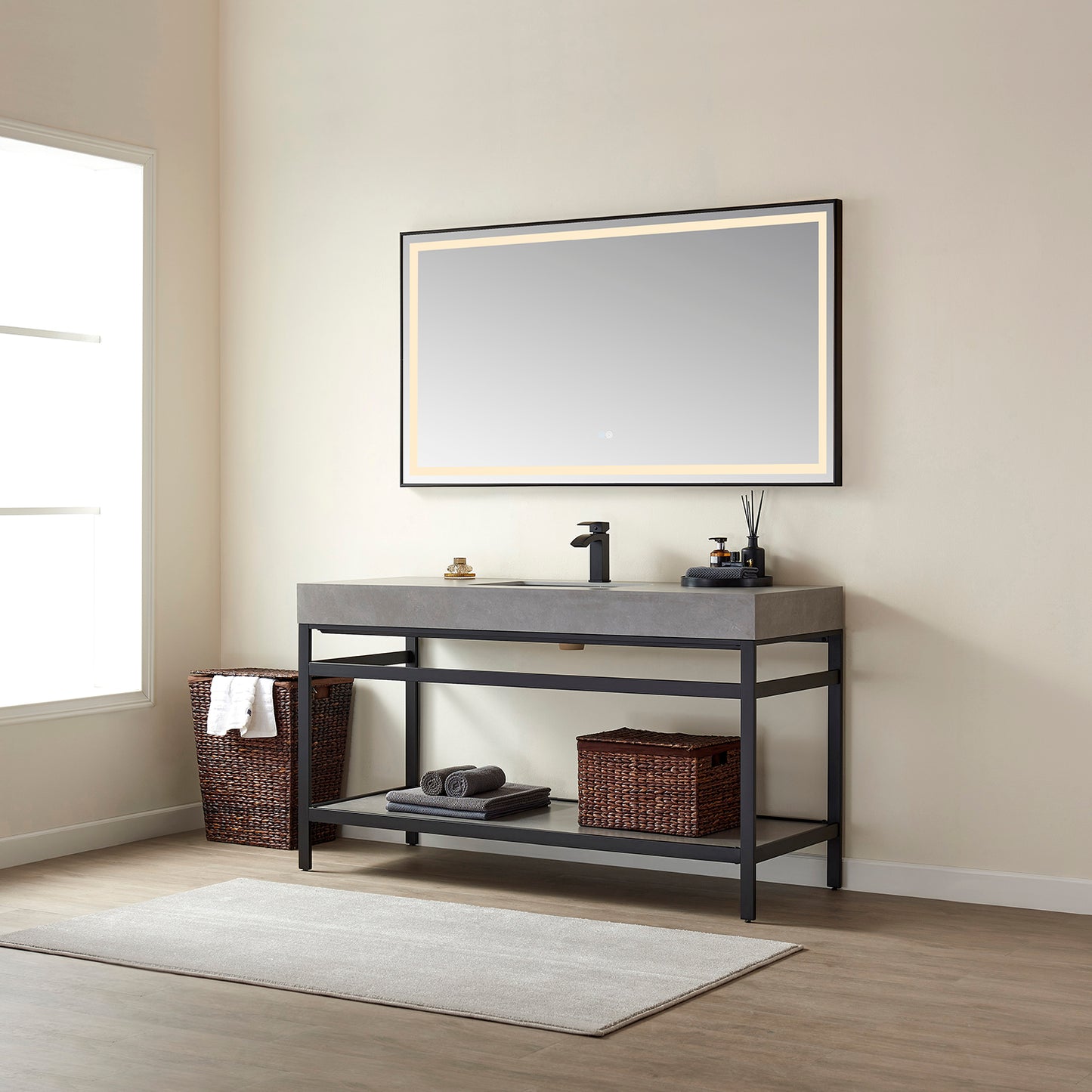 Vinnova, Funes 60" Single Sink Bath Vanity in Matt Black Metal Support with Grey Sintered Stone Top and Mirror