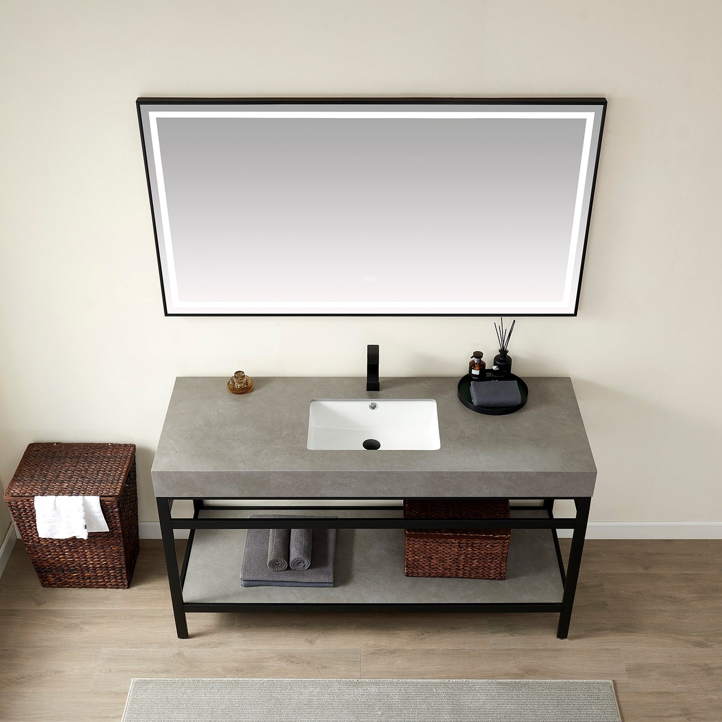 Vinnova, Funes 60" Single Sink Bath Vanity in Matt Black Metal Support with Grey Sintered Stone Top and Mirror