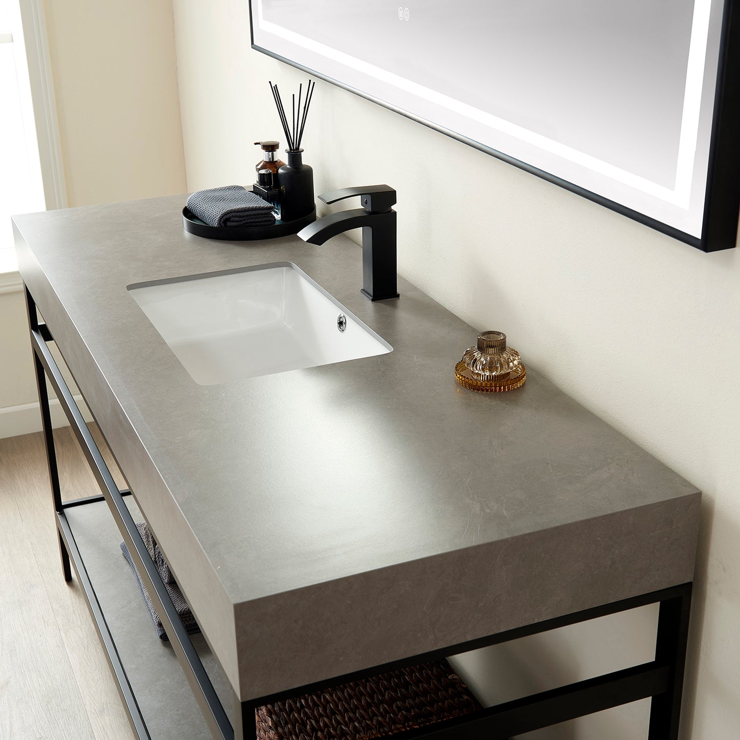 Vinnova, Funes 60" Single Sink Bath Vanity in Matt Black Metal Support with Grey Sintered Stone Top and Mirror