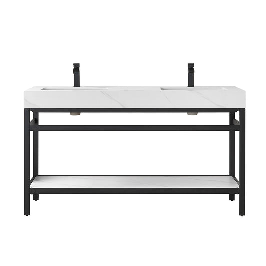 Vinnova, Funes 60M" Double Sink Bath Vanity in Matt Black Metal Support with White Sintered Stone Top