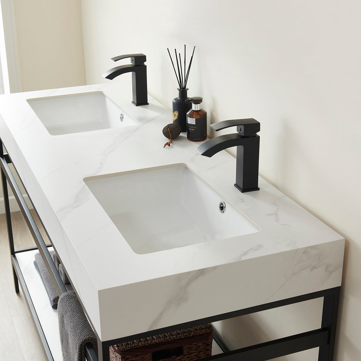 Vinnova, Funes 60M" Double Sink Bath Vanity in Matt Black Metal Support with White Sintered Stone Top