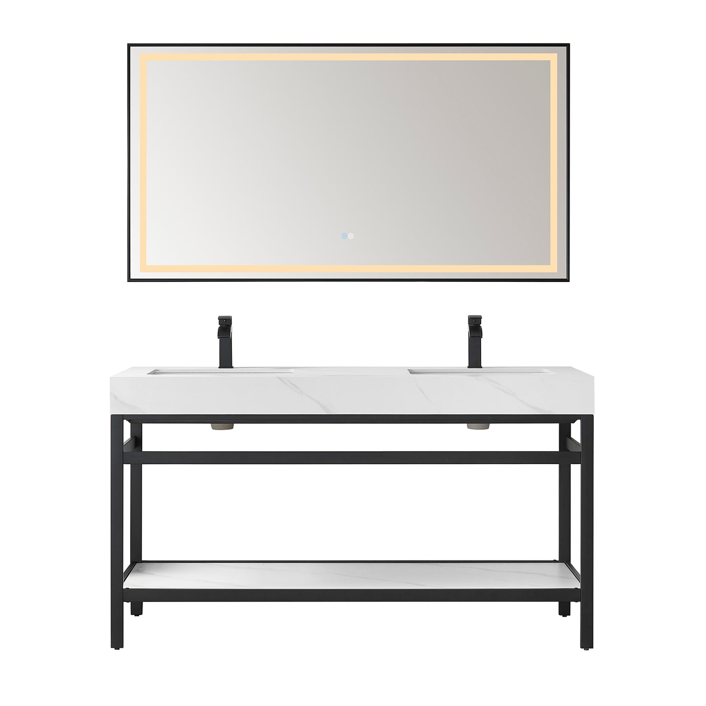 Vinnova, Funes 60M" Double Sink Bath Vanity in Matt Black Metal Support with White Sintered Stone Top and Mirror