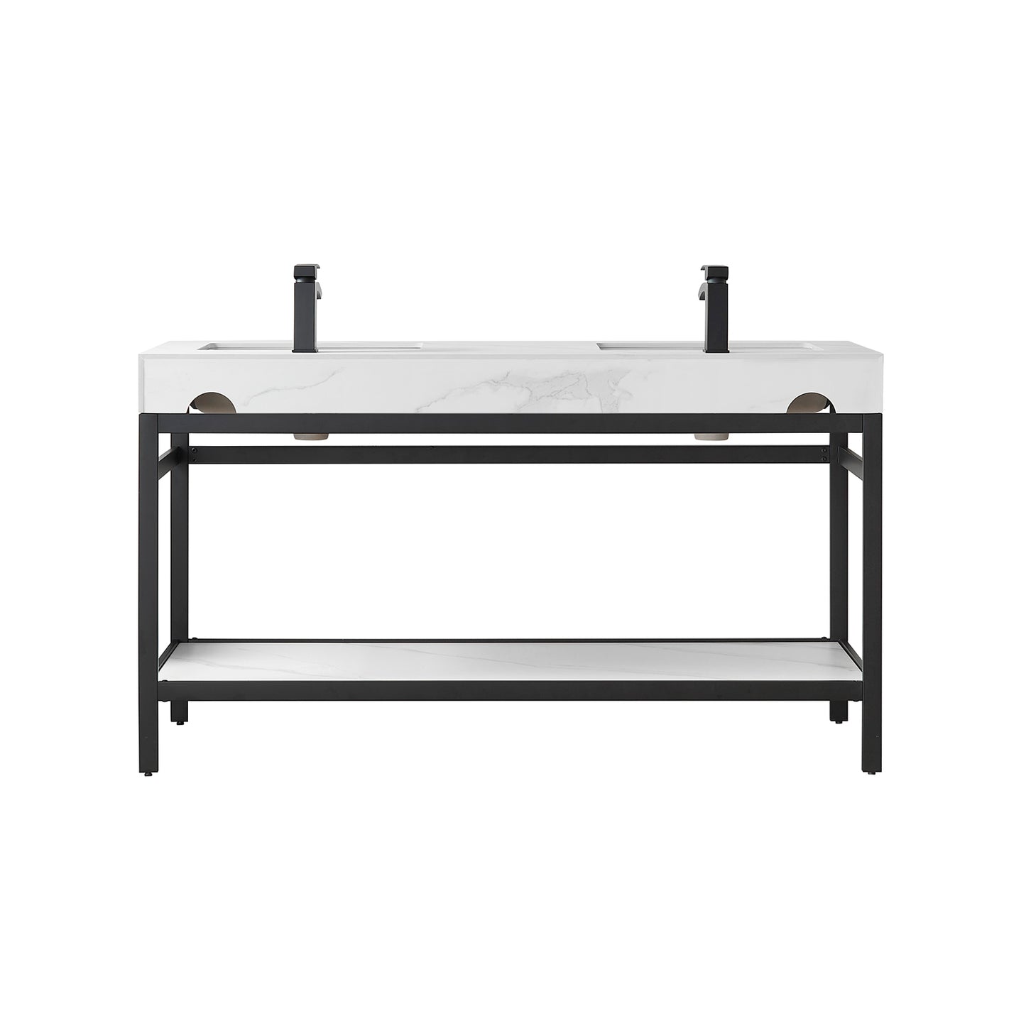 Vinnova, Funes 60M" Double Sink Bath Vanity in Matt Black Metal Support with White Sintered Stone Top and Mirror