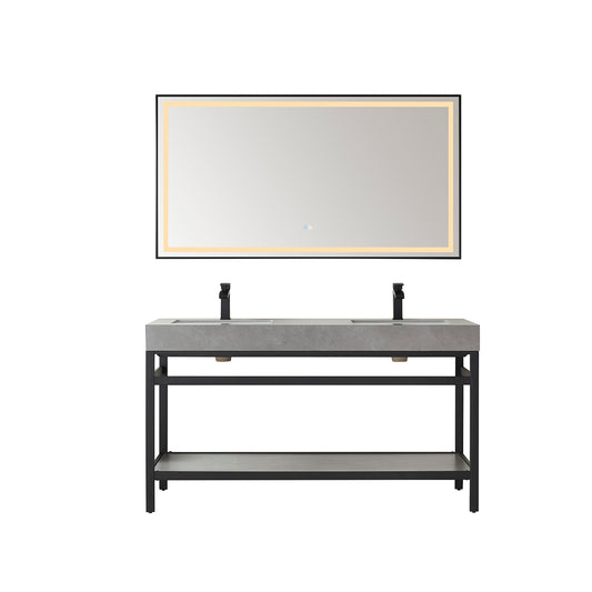 Vinnova, Funes 60M" Double Sink Bath Vanity in Matt Black Metal Support with Grey Sintered Stone Top and Mirror