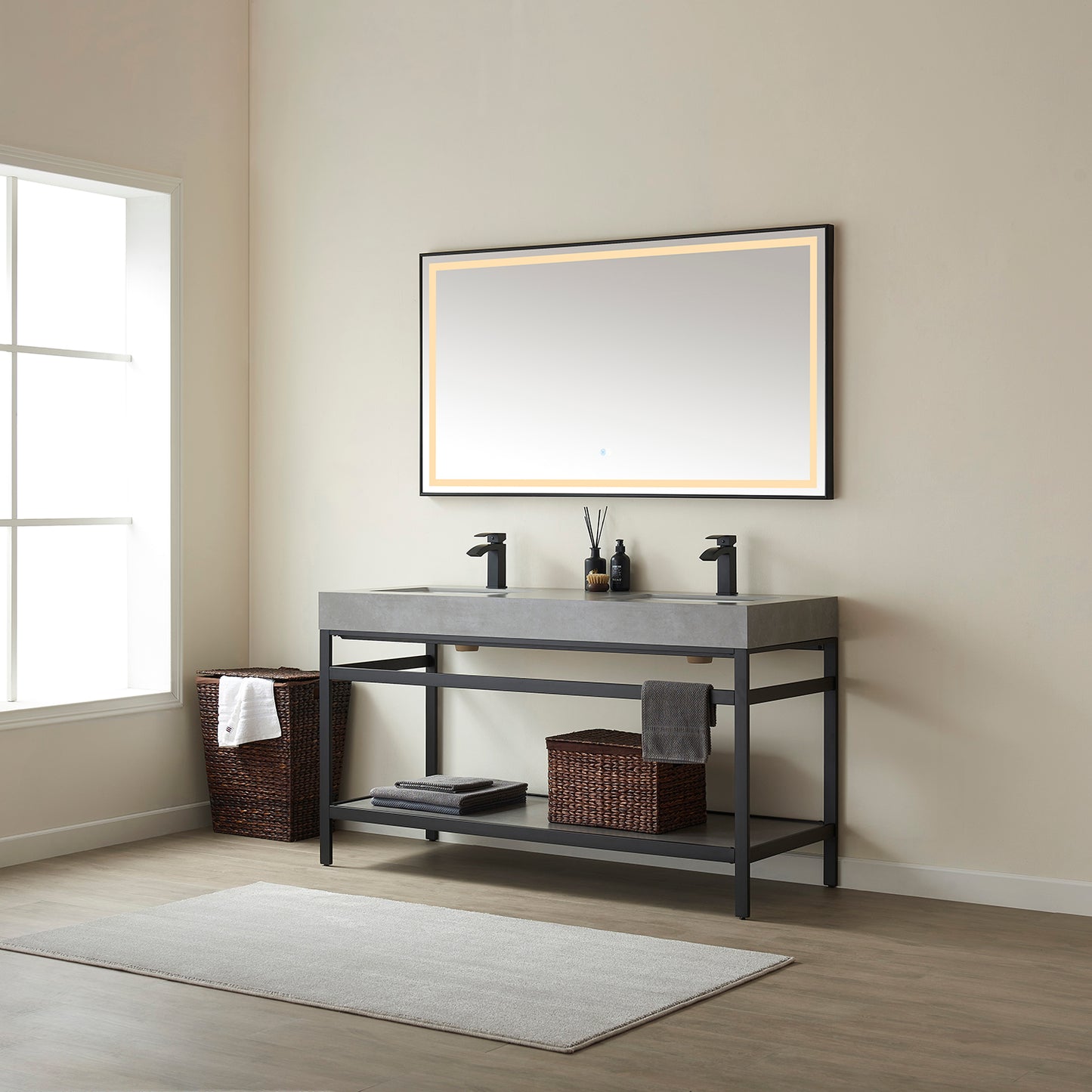 Vinnova, Funes 60M" Double Sink Bath Vanity in Matt Black Metal Support with Grey Sintered Stone Top and Mirror