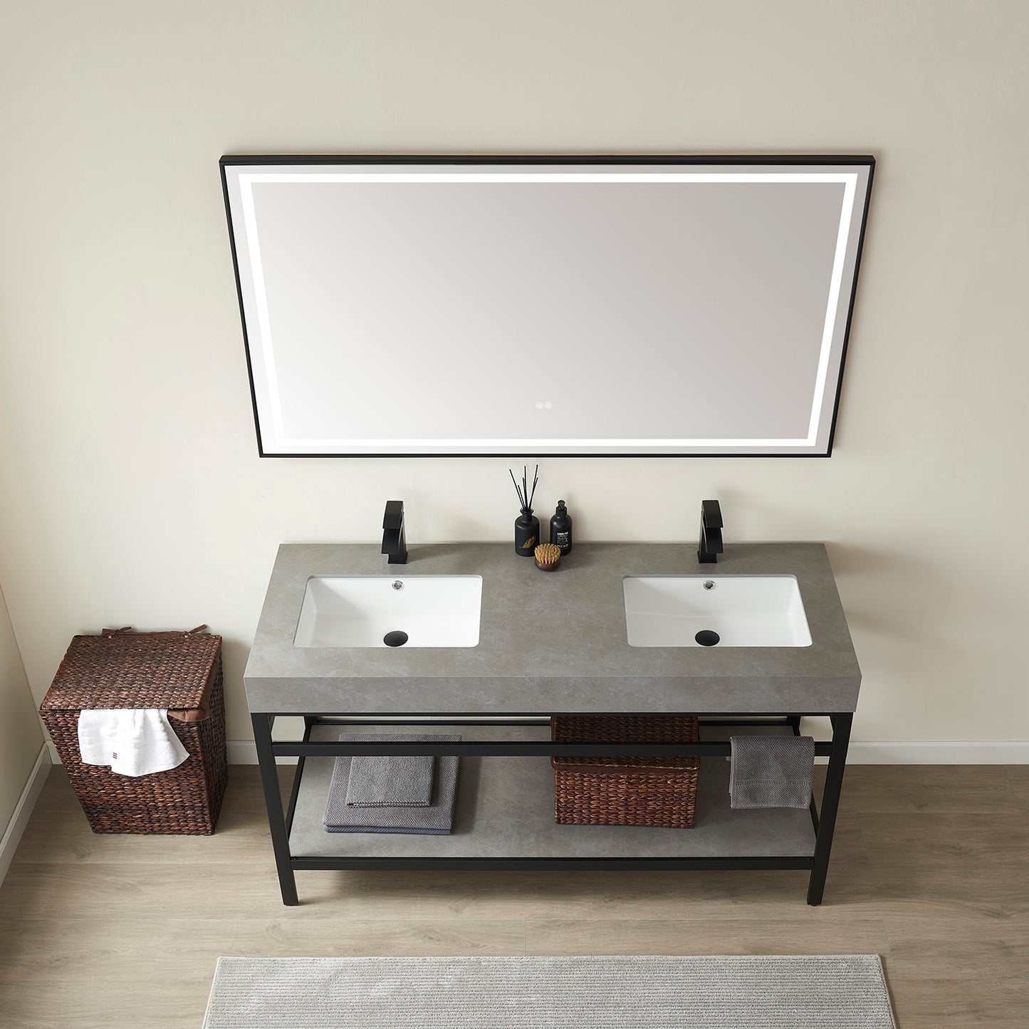 Vinnova, Funes 60M" Double Sink Bath Vanity in Matt Black Metal Support with Grey Sintered Stone Top and Mirror