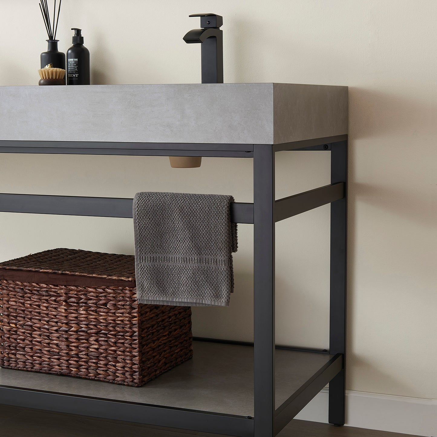 Vinnova, Funes 60M" Double Sink Bath Vanity in Matt Black Metal Support with Grey Sintered Stone Top and Mirror