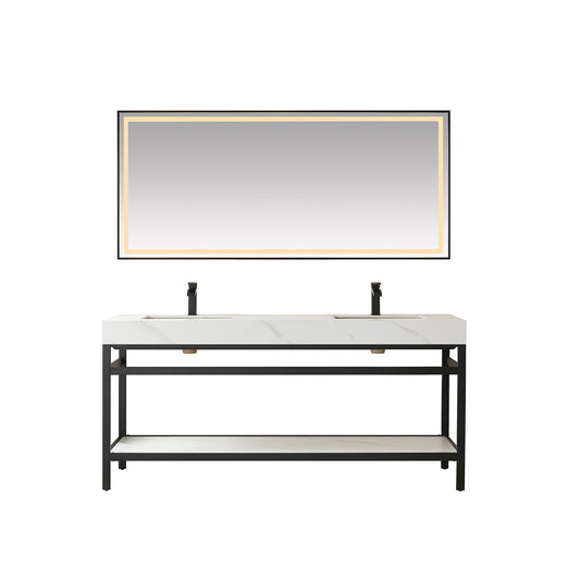 Vinnova, Funes 72" Double Sink Bath Vanity in Matt Black Metal Support with White Sintered Stone Top and Mirror