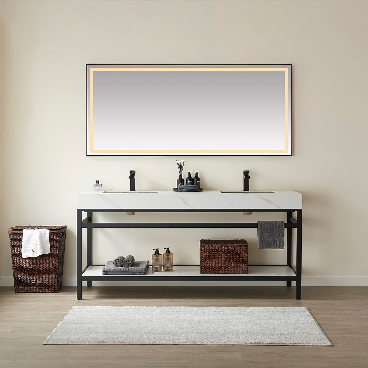 Vinnova, Funes 72" Double Sink Bath Vanity in Matt Black Metal Support with White Sintered Stone Top and Mirror