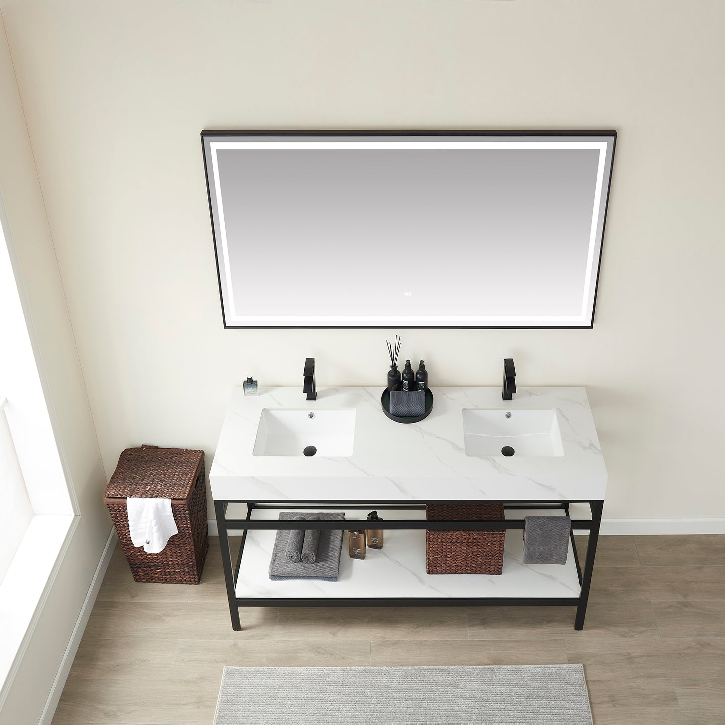 Vinnova, Funes 72" Double Sink Bath Vanity in Matt Black Metal Support with White Sintered Stone Top and Mirror