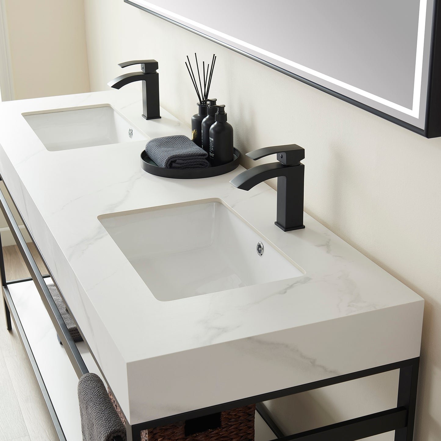 Vinnova, Funes 72" Double Sink Bath Vanity in Matt Black Metal Support with White Sintered Stone Top and Mirror