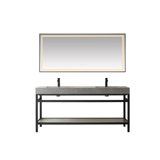 Vinnova, Funes 72" Double Sink Bath Vanity in Matt Black Metal Support with Grey Sintered Stone Top and Mirror