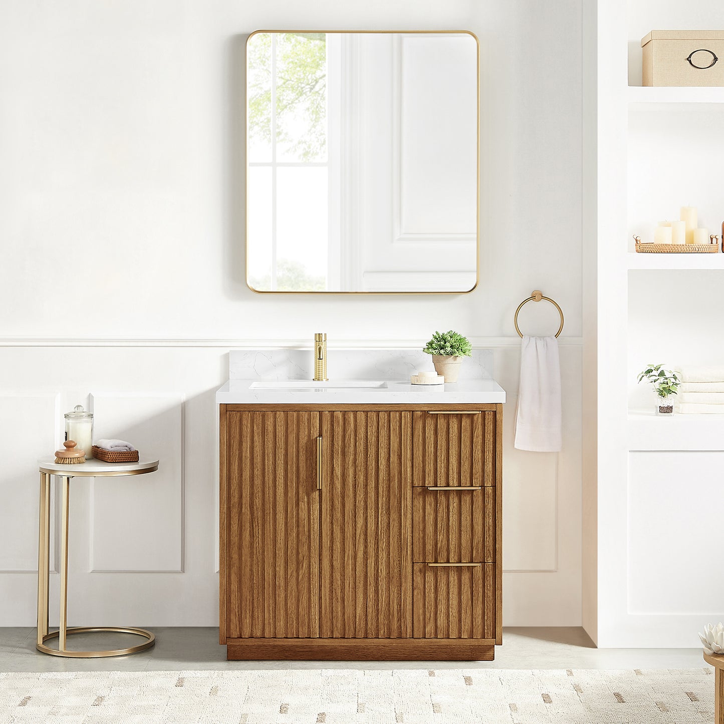 Vinnova, Bangkok 36" Single Sink Bath Vanity in Mango Wood Light Brown with White Grain Composite Stone Top