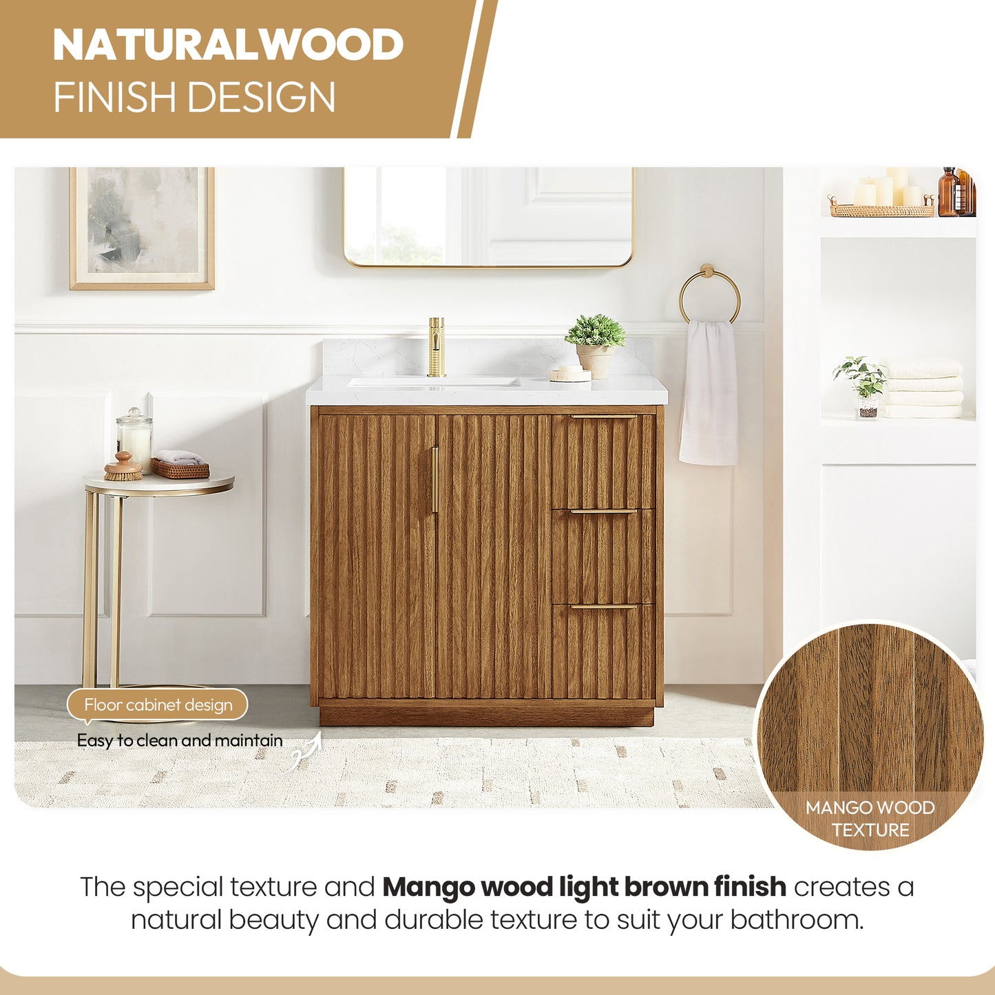 Vinnova, Bangkok 36" Single Sink Bath Vanity in Mango Wood Light Brown with White Grain Composite Stone Top