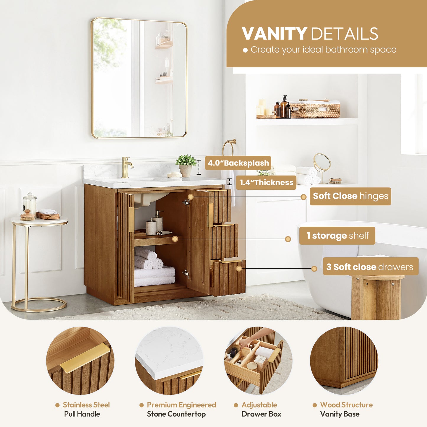 Vinnova, Bangkok 36" Single Sink Bath Vanity in Mango Wood Light Brown with White Grain Composite Stone Top