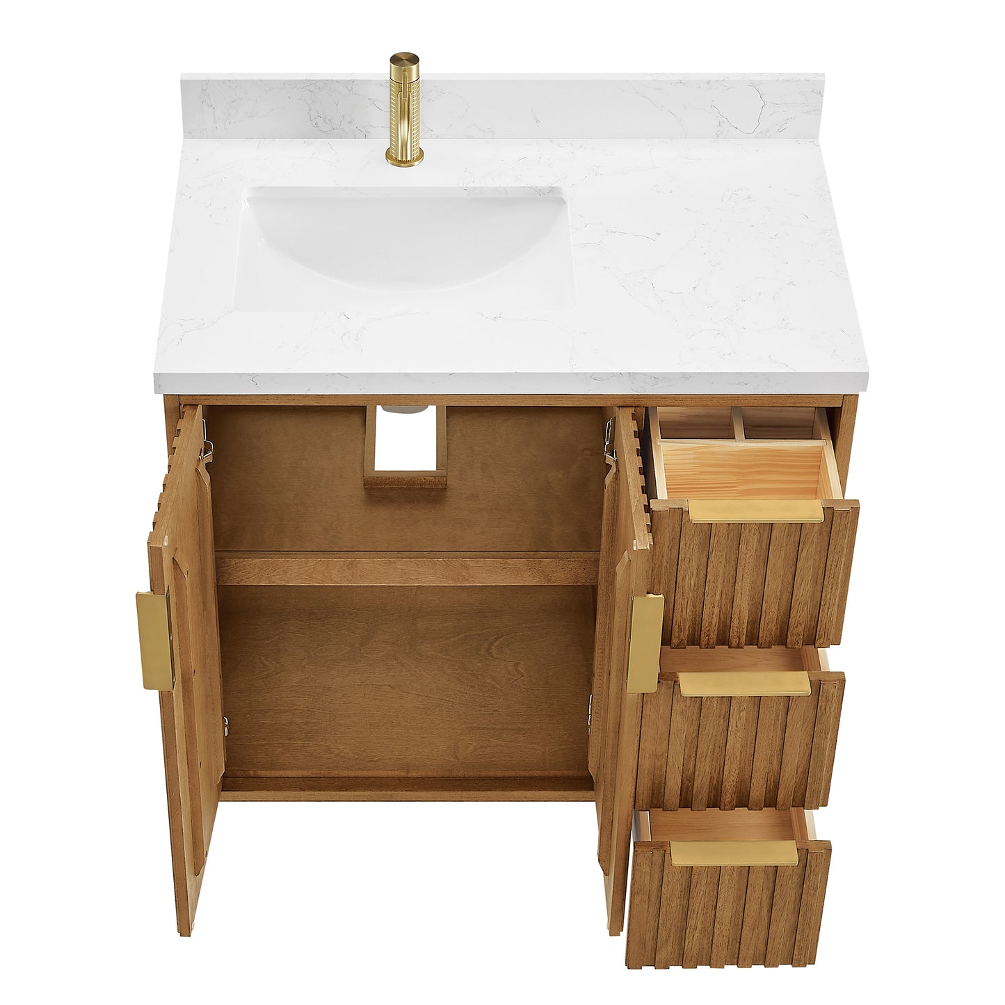 Vinnova, Bangkok 36" Single Sink Bath Vanity in Mango Wood Light Brown with White Grain Composite Stone Top
